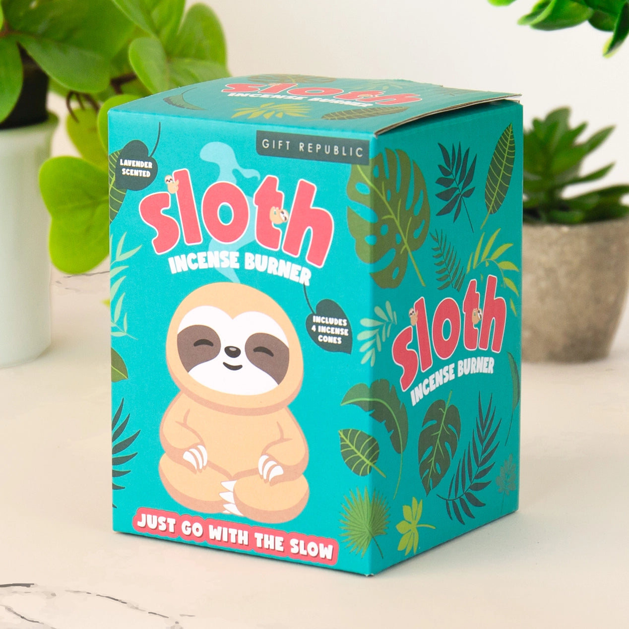 Gift Republic sloth incense burner packaging with jungle print design