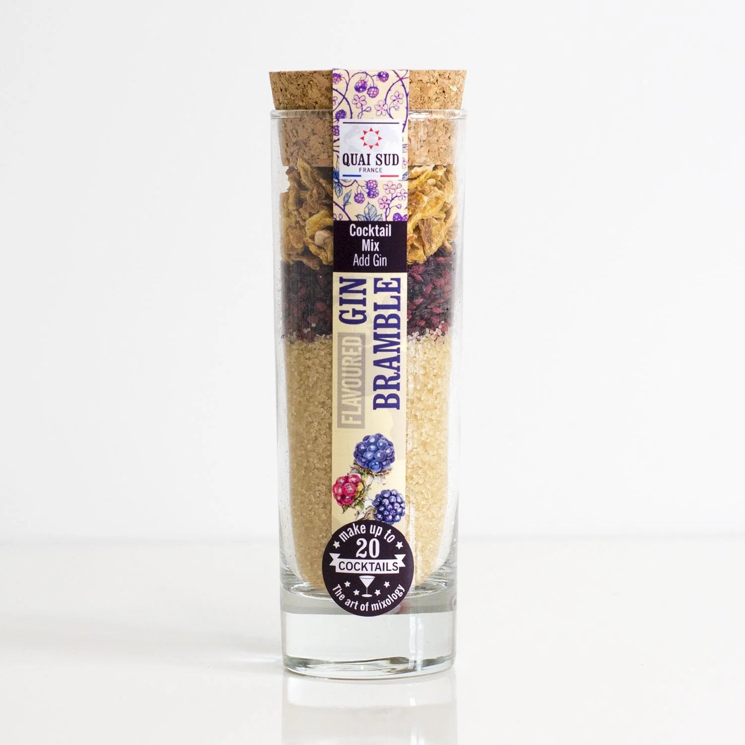 Quai Sud Gin Bramble Cocktail Mix bottle on white background, displaying vibrant berry layers and label reading “Flavoured Gin Bramble.”