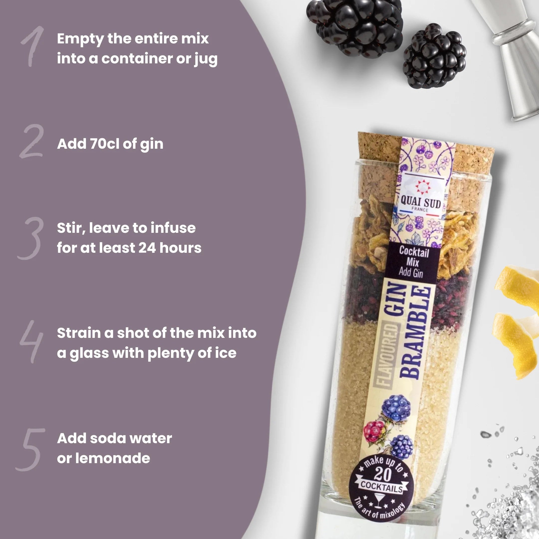 Gin Bramble Cocktail Mix with illustrated step-by-step instructions to infuse with gin, surrounded by fresh blackberries and cocktail accessories.
