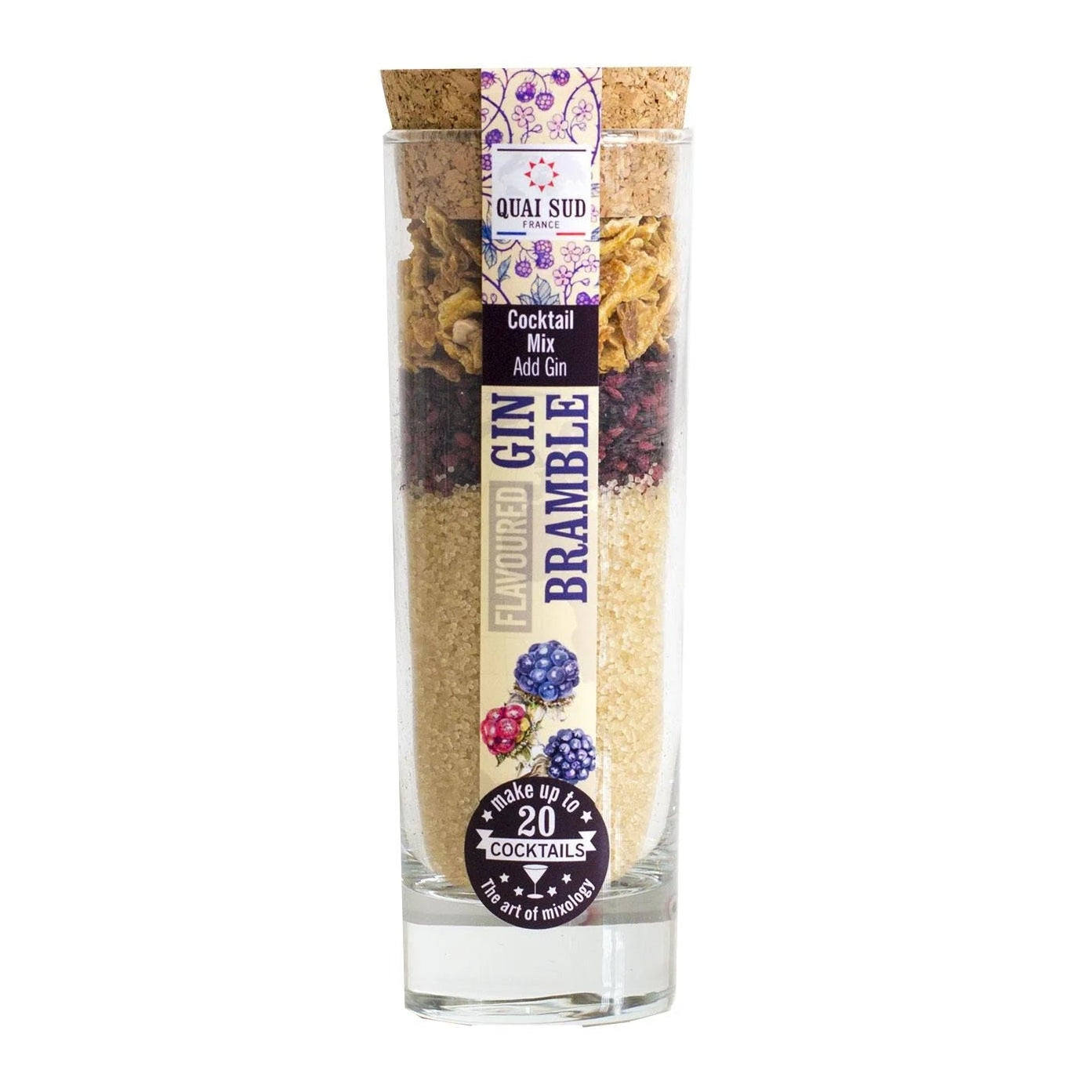 Gin Bramble Cocktail Mix by Quai Sud in tall glass bottle with cork lid and purple label, showing layers of cane sugar, dried blackberries, and lemon peel.
