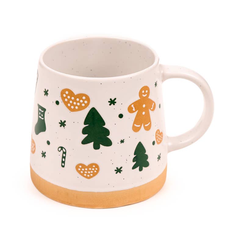 Front angle of Gingerbread Man Tapered Stoneware Mug with festive icons and natural base.