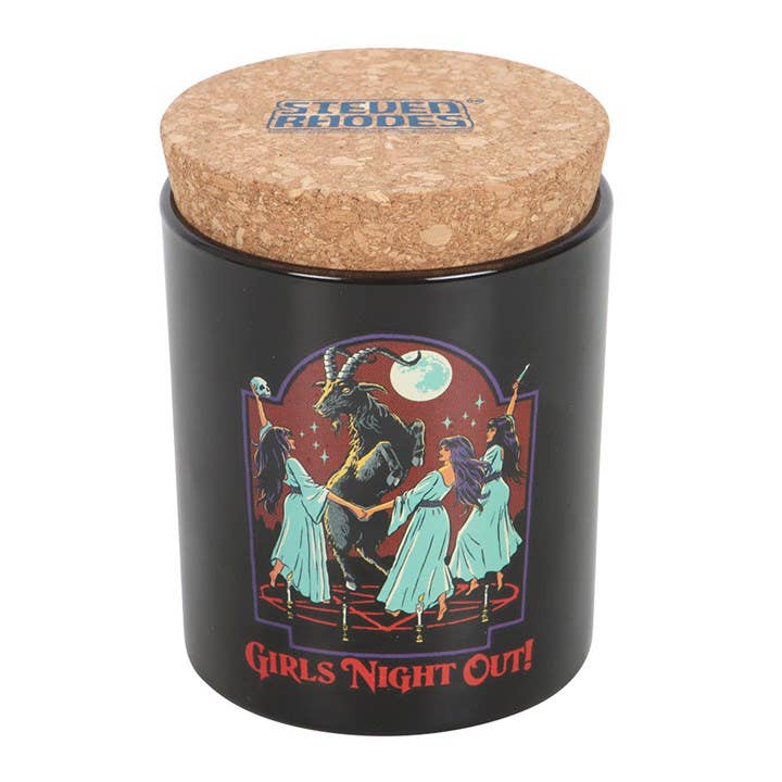 Close-up of Girls Night Out candle showing retro artwork label