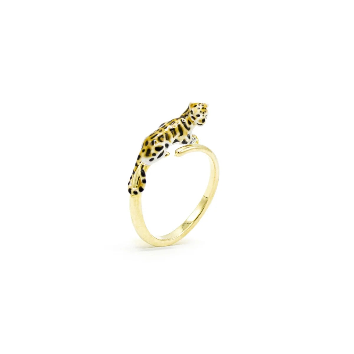 Angled view of Clouded Leopard Open Ring highlighting intricate hand-painted craftsmanship.