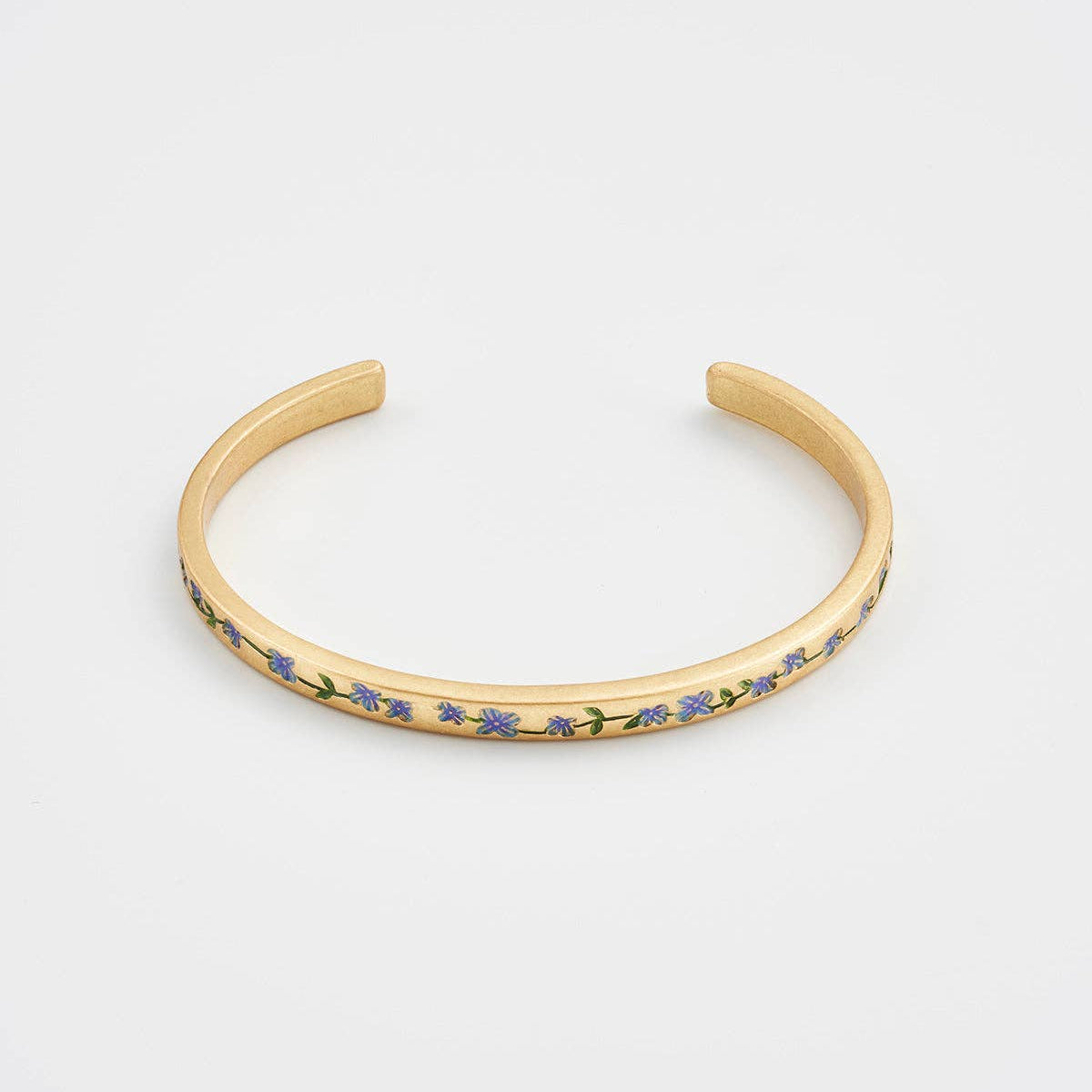 Open-cuff gold bangle with hand-painted forget-me-not flowers