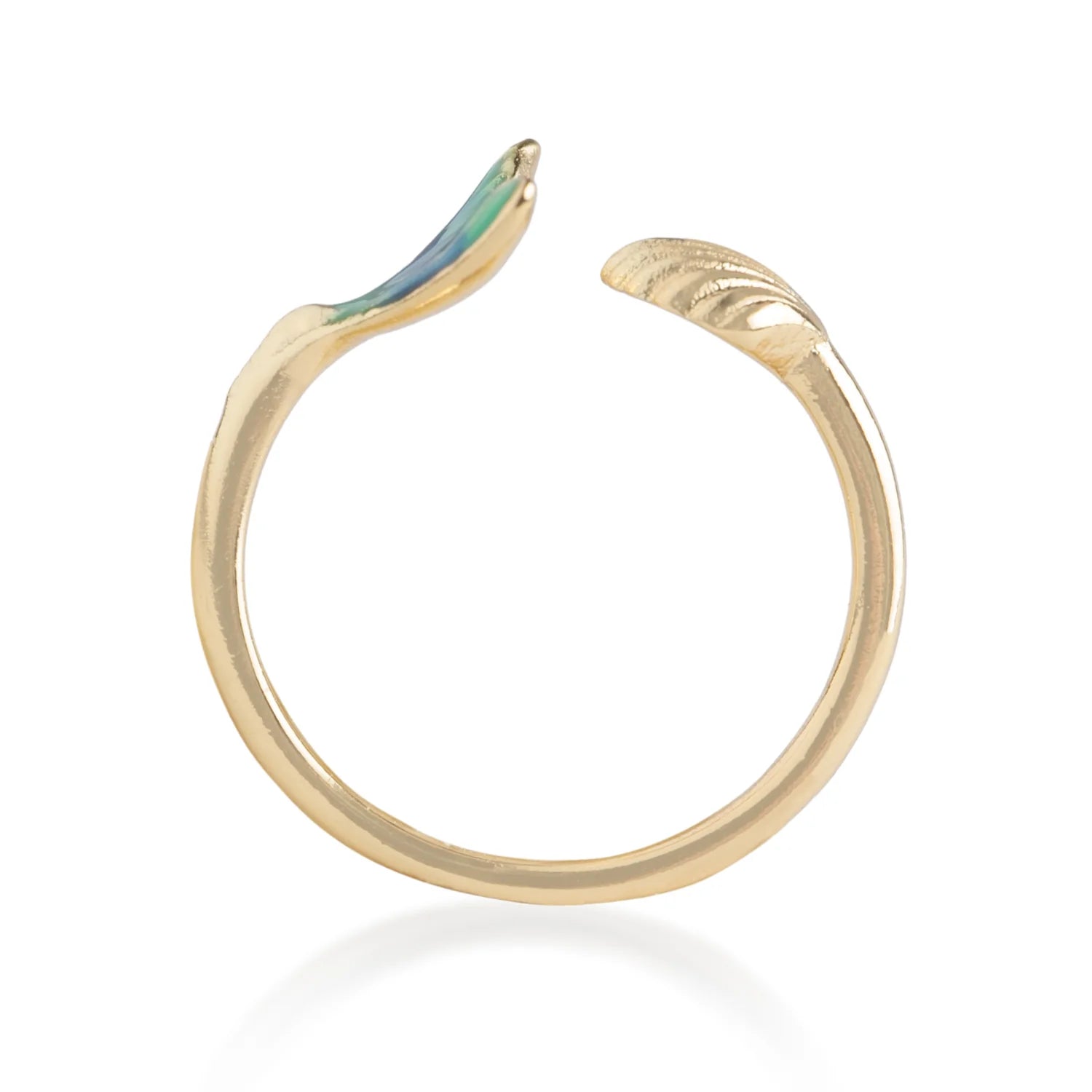 Side view of gold-plated Mermaid Tail Ring showing open adjustable band and detailed enamel finish.