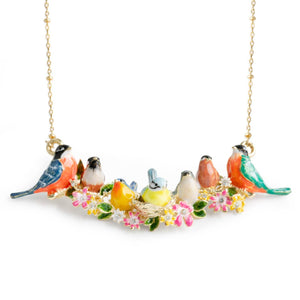 Goldcrest Songbird Serenade Necklace with colourful enamel birds and blossoms on gold chain.