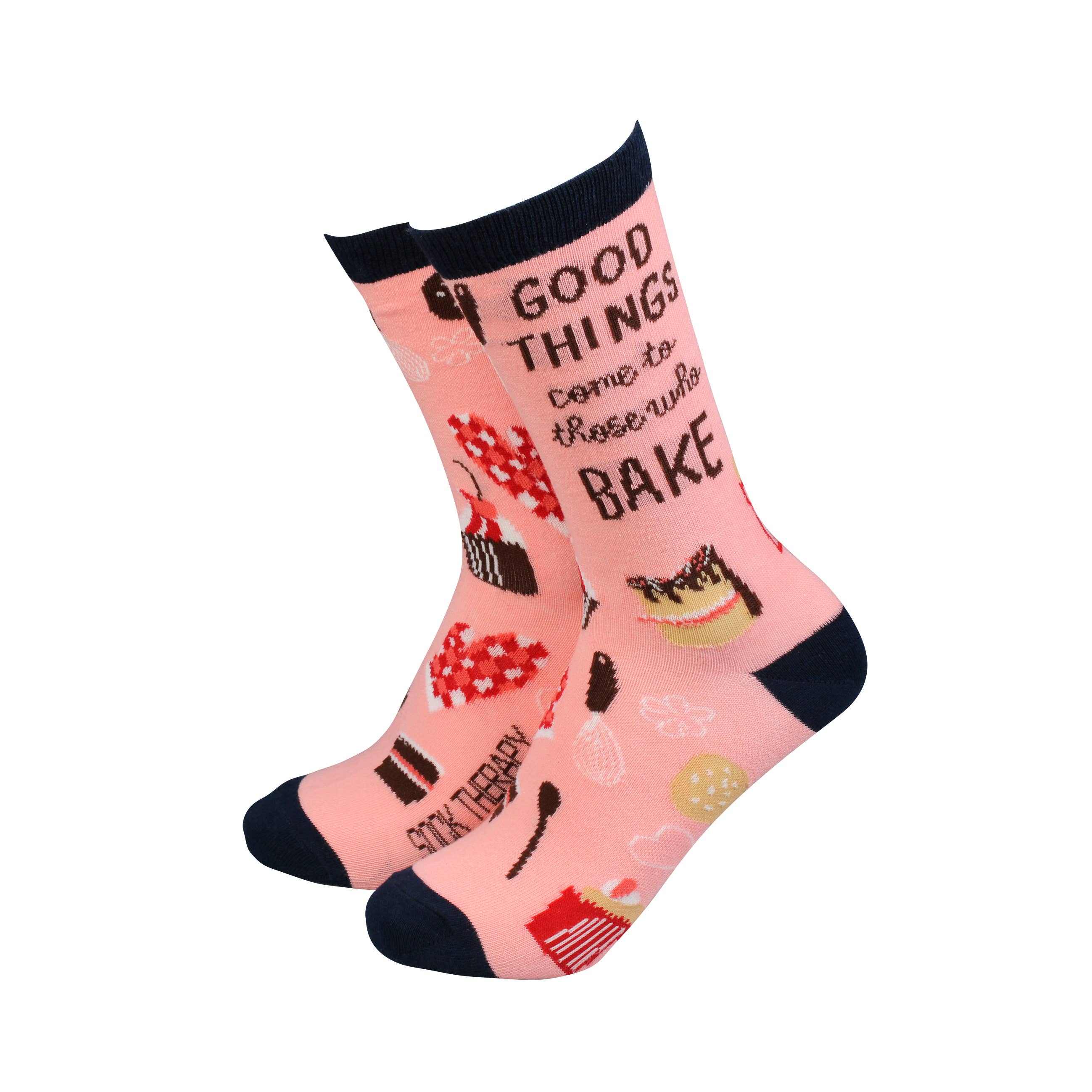 Pink women’s bamboo socks with baking illustrations and the phrase “Good things come to those who bake” in bold lettering.