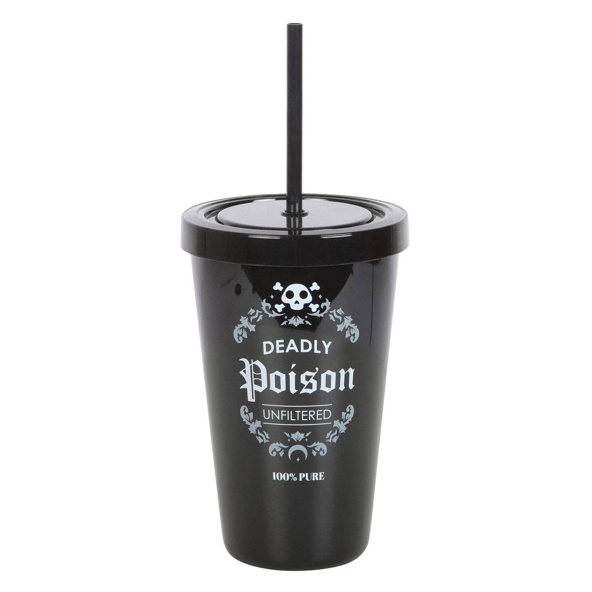 Black plastic tumbler with white Deadly Poison text and straw