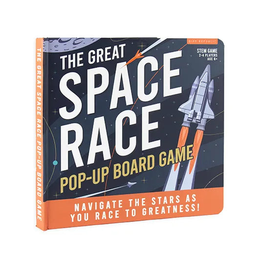 Great Space Race pop-up board game box on wooden table