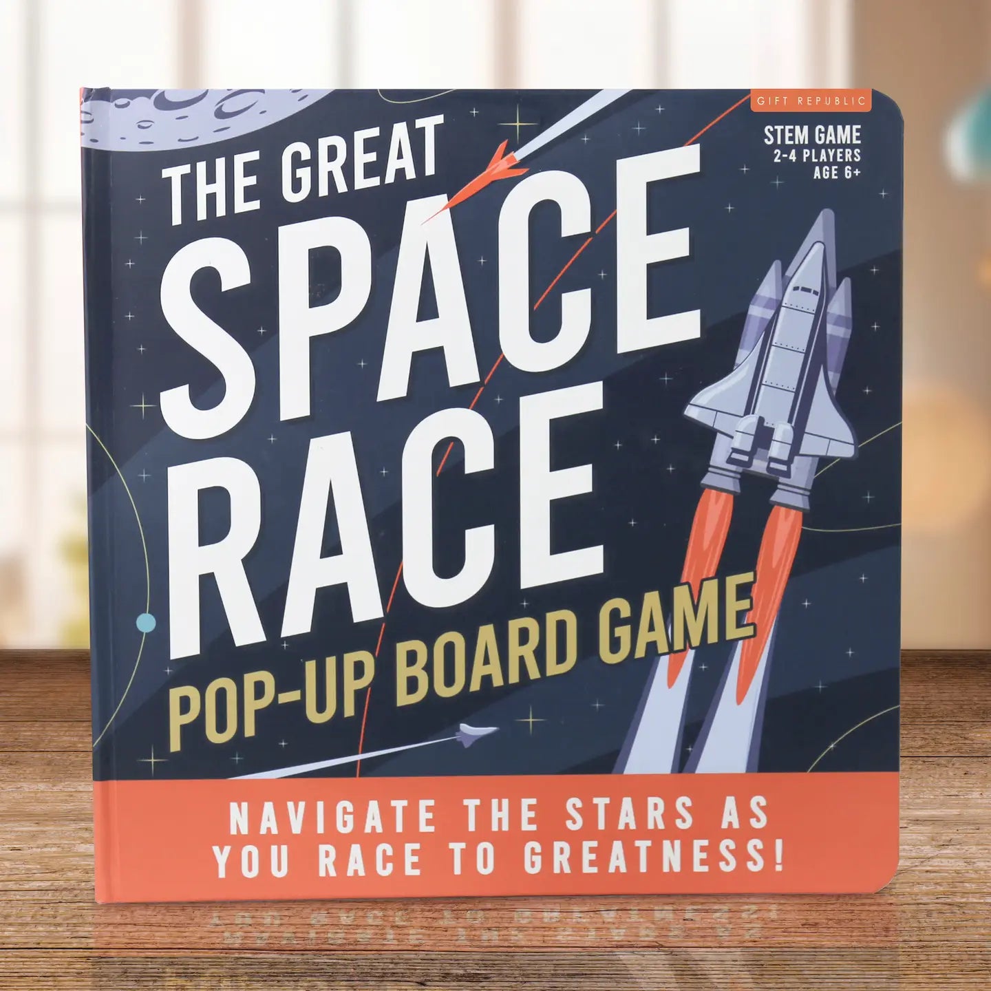 The Great Space Race pop-up board game book cover with rocket