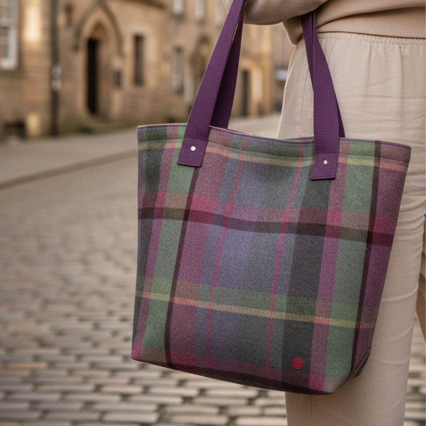 Gullane Tweed Shopper Tote flat lay showing rust plaid pattern and straps