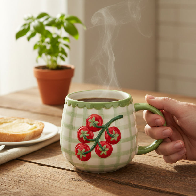 Hand-painted ceramic tomato mug with green gingham pattern and scalloped rim
