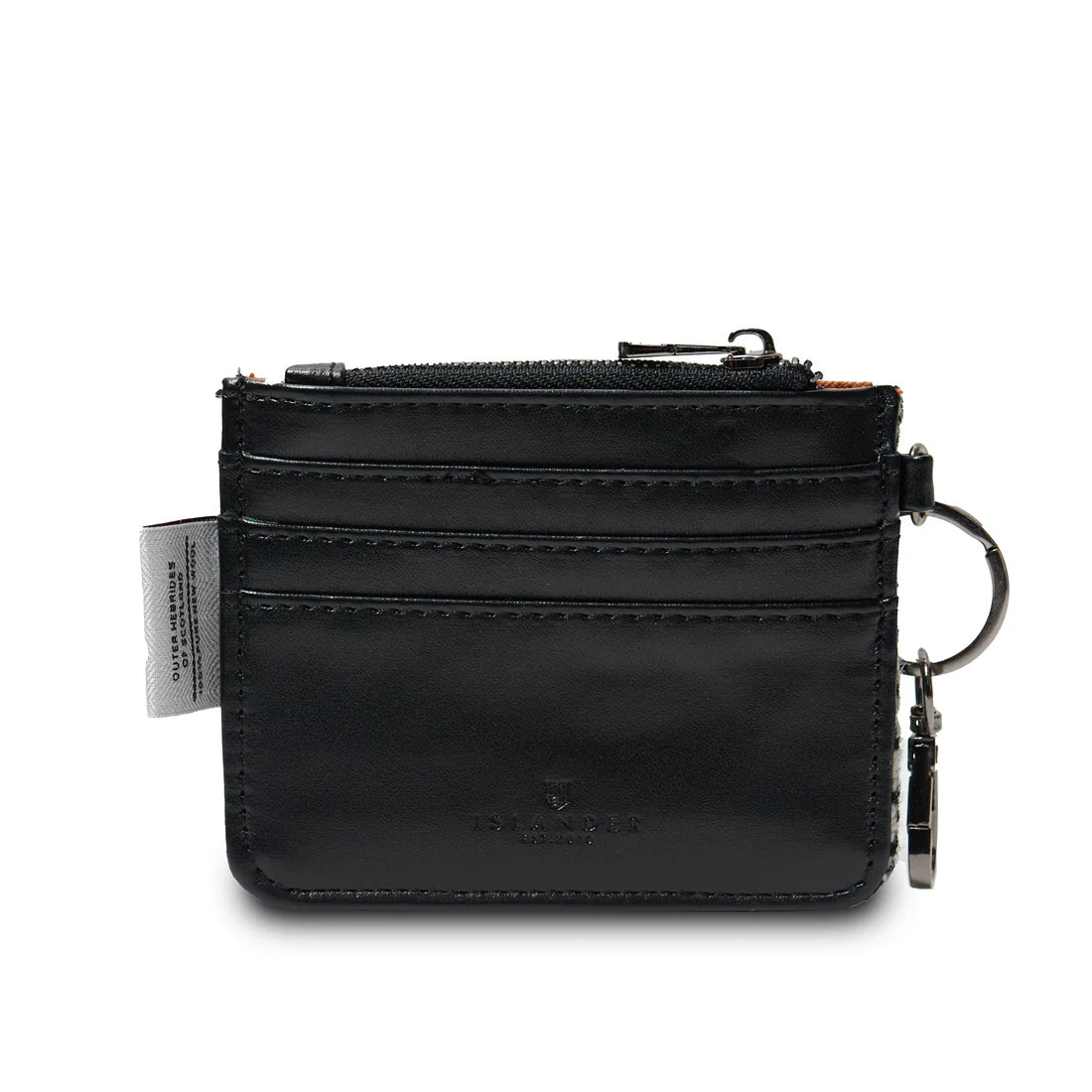 Black microfibre leather card zip wallet with three card slots and keyring attachment, Harris Tweed lining visible.