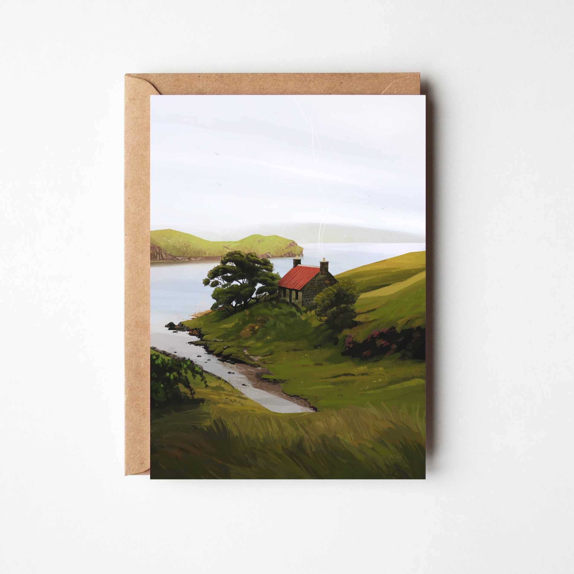 Harris Whispers greeting card featuring Sara Willia's Isle of Harris landscape artwork with kraft envelope