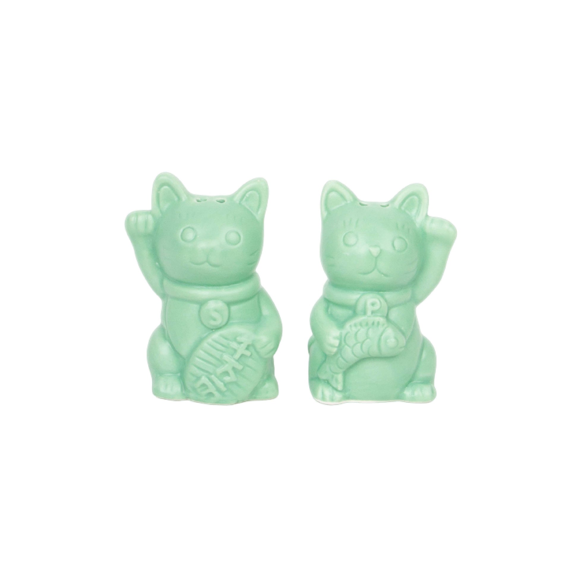 Two green ceramic lucky cat salt and pepper shakers, white background