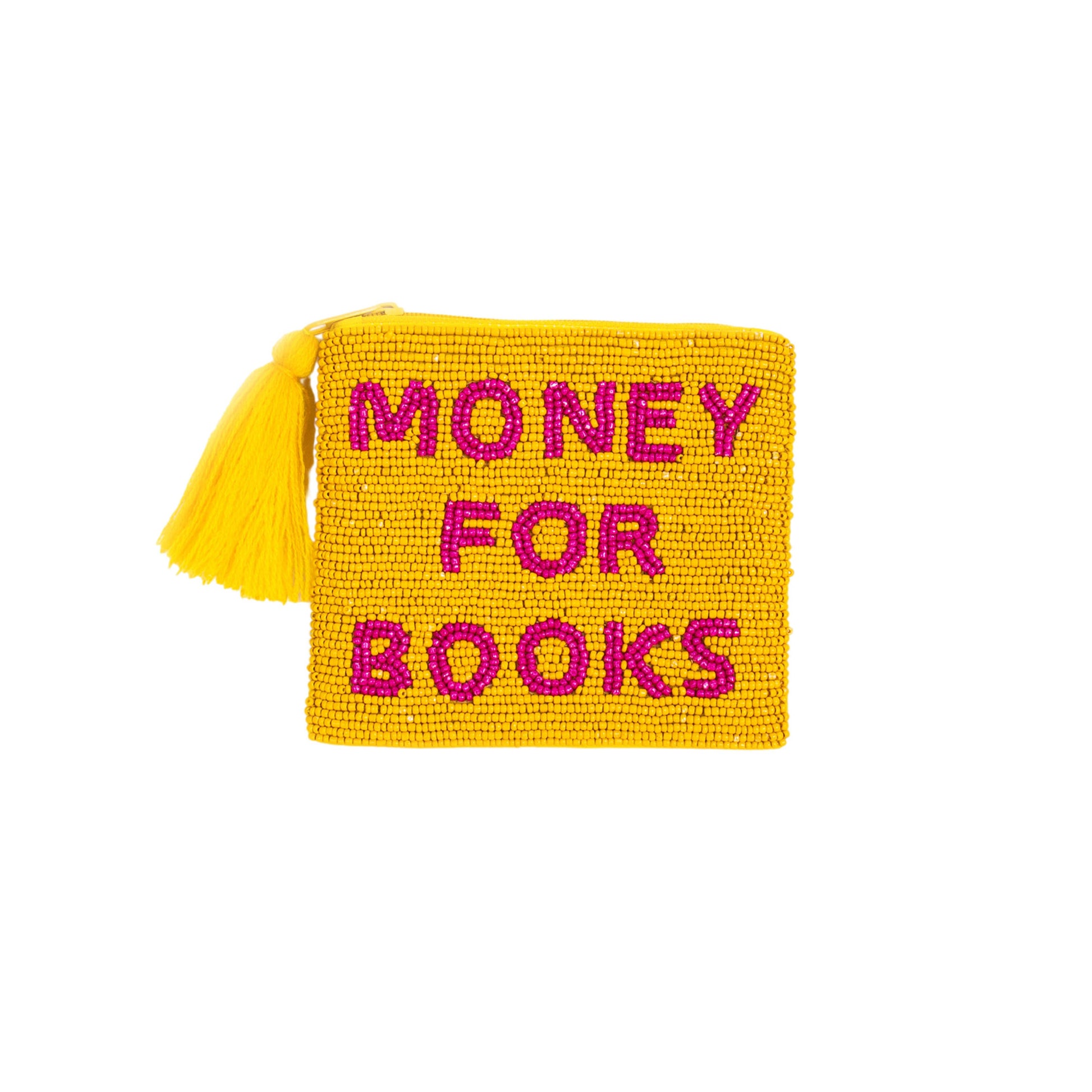 Yellow beaded Money For Books zip pouch with tassel, white background