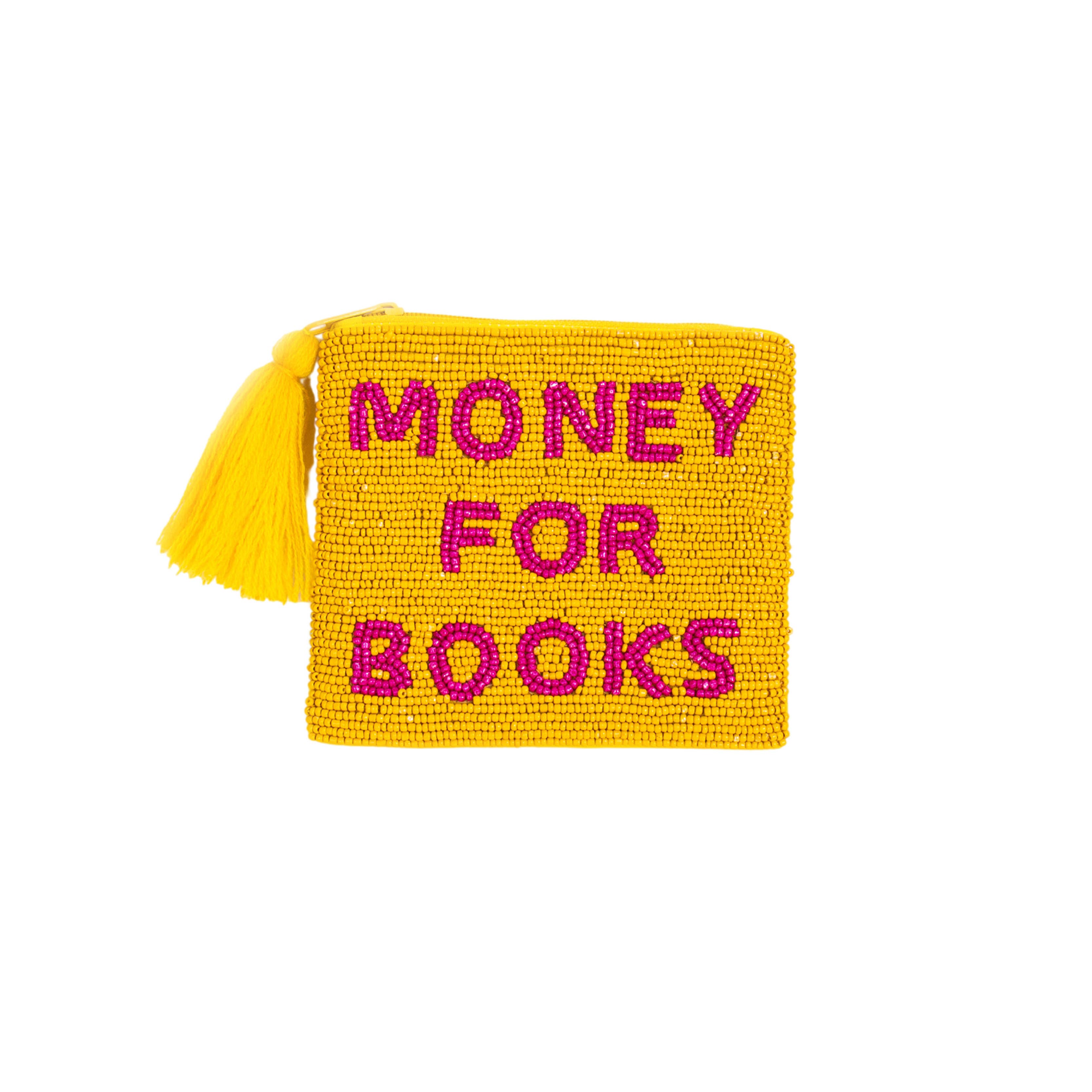 Yellow beaded Money For Books zip pouch with tassel, white background
