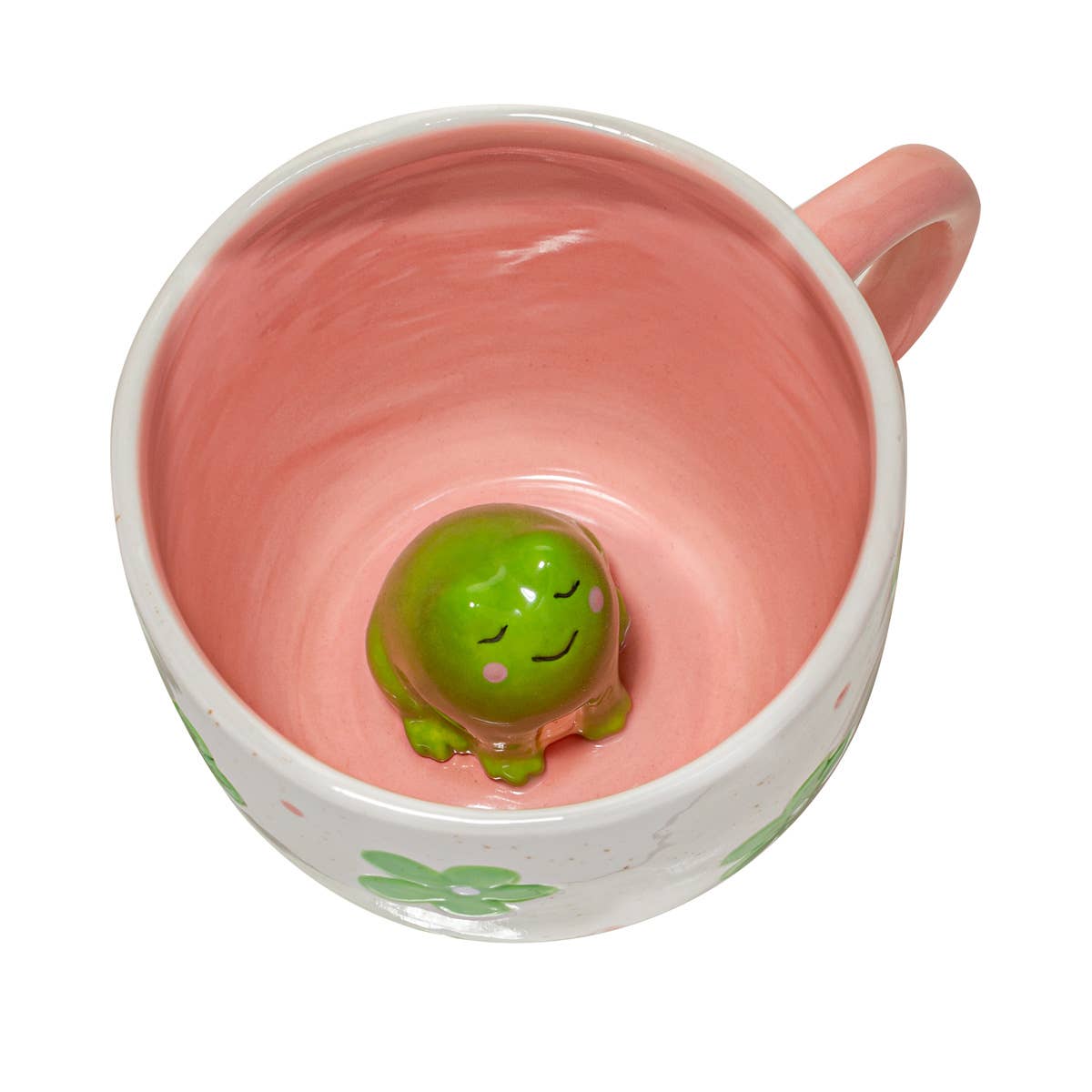 Top view of hidden frog mug showing cute 3D green frog inside pink interior