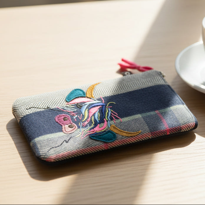 Highland Cow Applique Eye Glass Case showing tweed design with cow motif