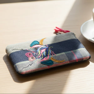 Highland Cow Applique Eye Glass Case showing tweed design with cow motif