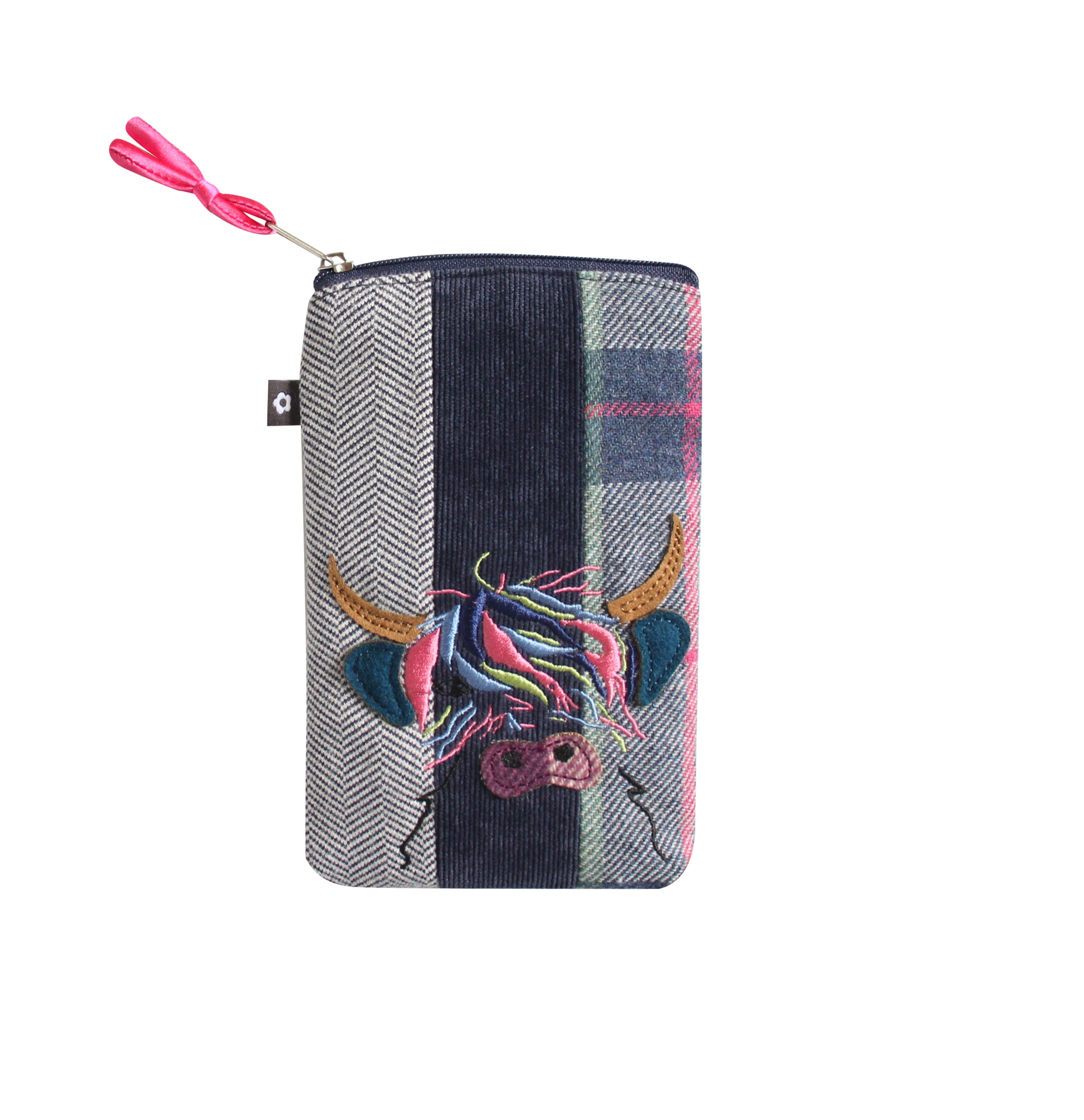 Highland Cow Applique Eye Glass Case front view showing zip closure