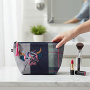 Highland Cow Applique Make Up Bag showing tweed design with cow motif