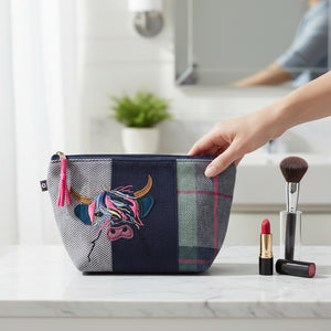 Highland Cow Applique Make Up Bag showing tweed design with cow motif