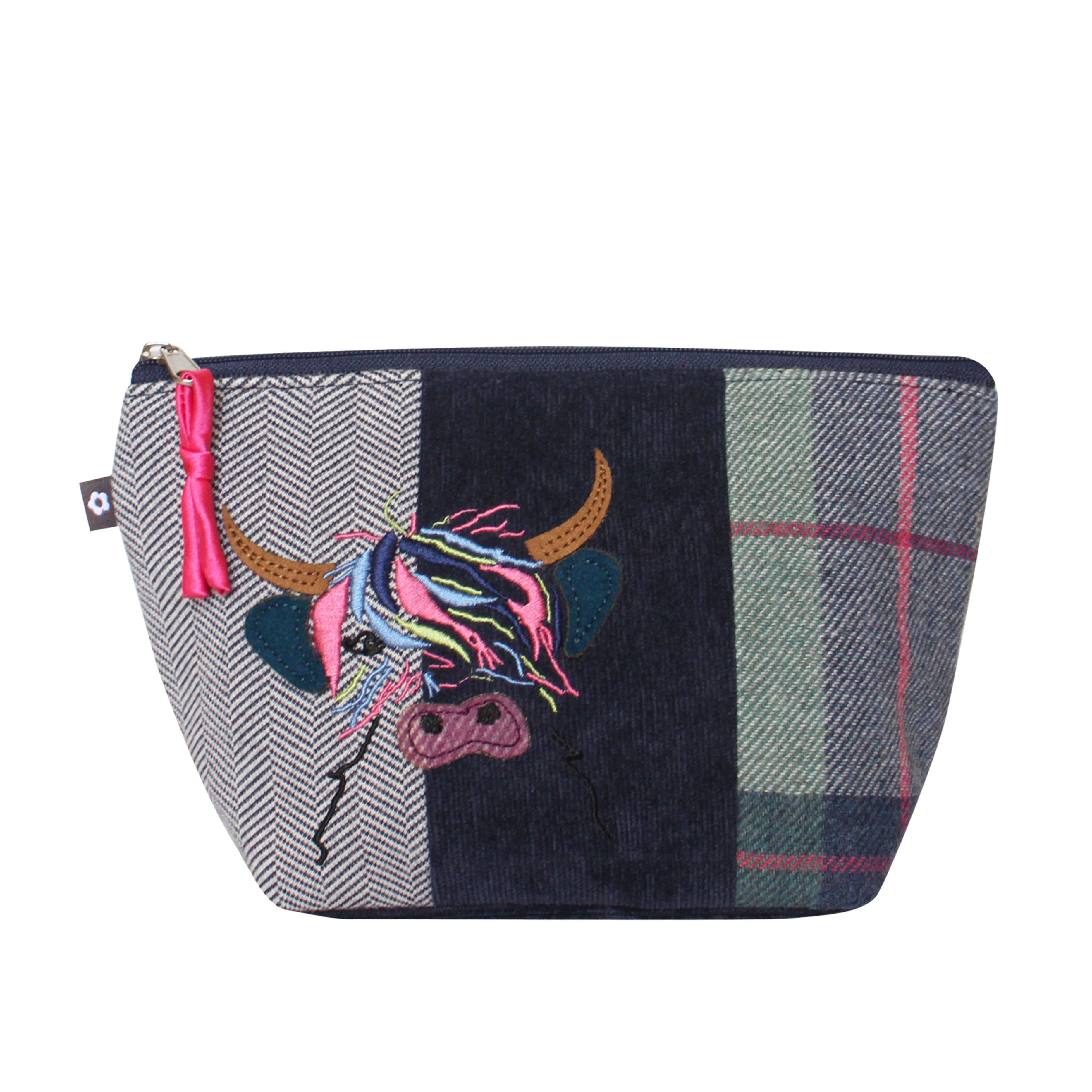 Highland Cow Applique Make Up Bag front view with zip detail