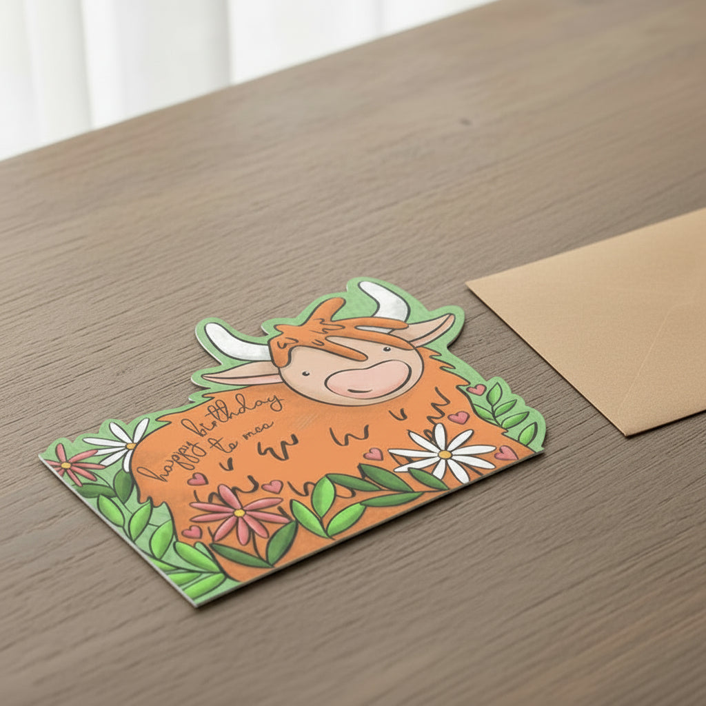 Highland cow die-cut birthday card by Neon Magpie