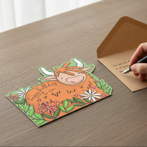 Highland cow die-cut birthday card by Neon Magpie