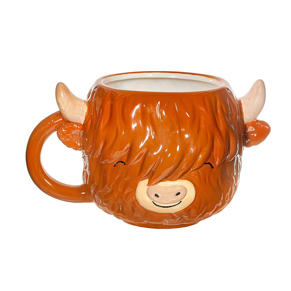 Highland cow mug from the side showing fluffy fringe and facial details