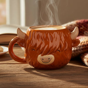 Highland cow shaped ceramic mug with shaggy brown design and cute face