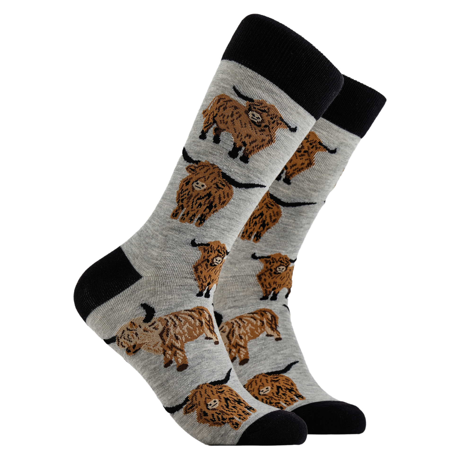 Highland Cow 'Och Aye the Moo!' novelty socks in grey, UK size 9-12
