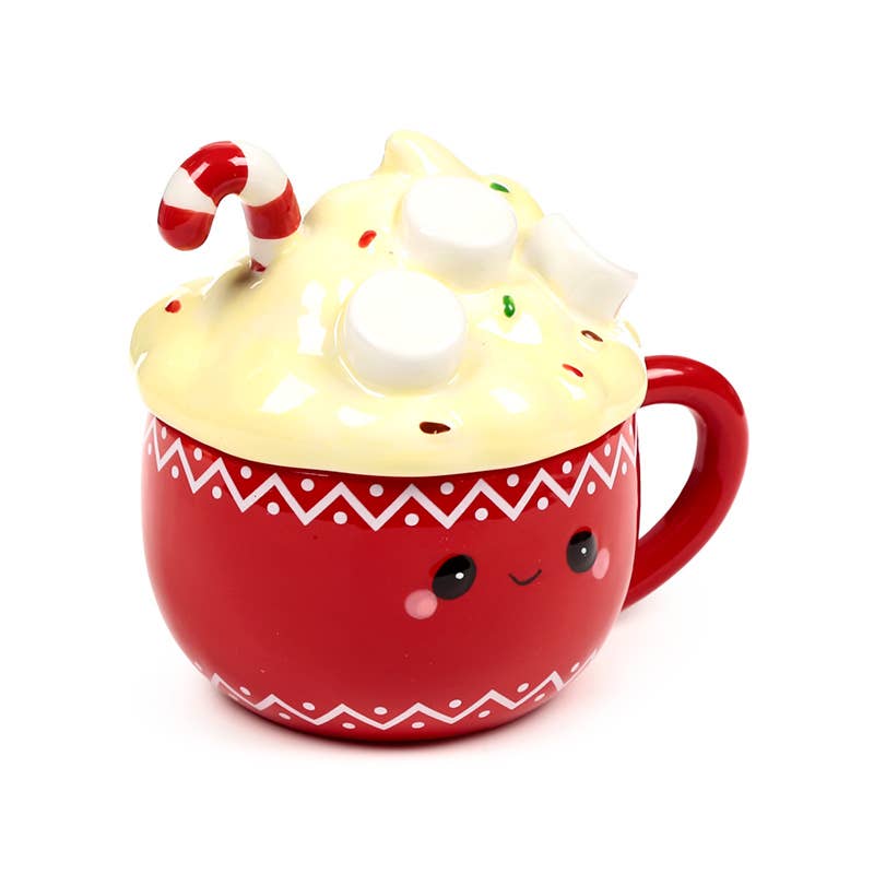 Hot Chocolate Ceramic Lidded Mug designed like a smiling red mug topped with whipped cream, marshmallows, and a candy cane lid.