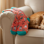 Coral women’s bamboo socks with illustrated cats, pawprints, teal heel and toe, and the phrase “I love cats and maybe 3 people”.