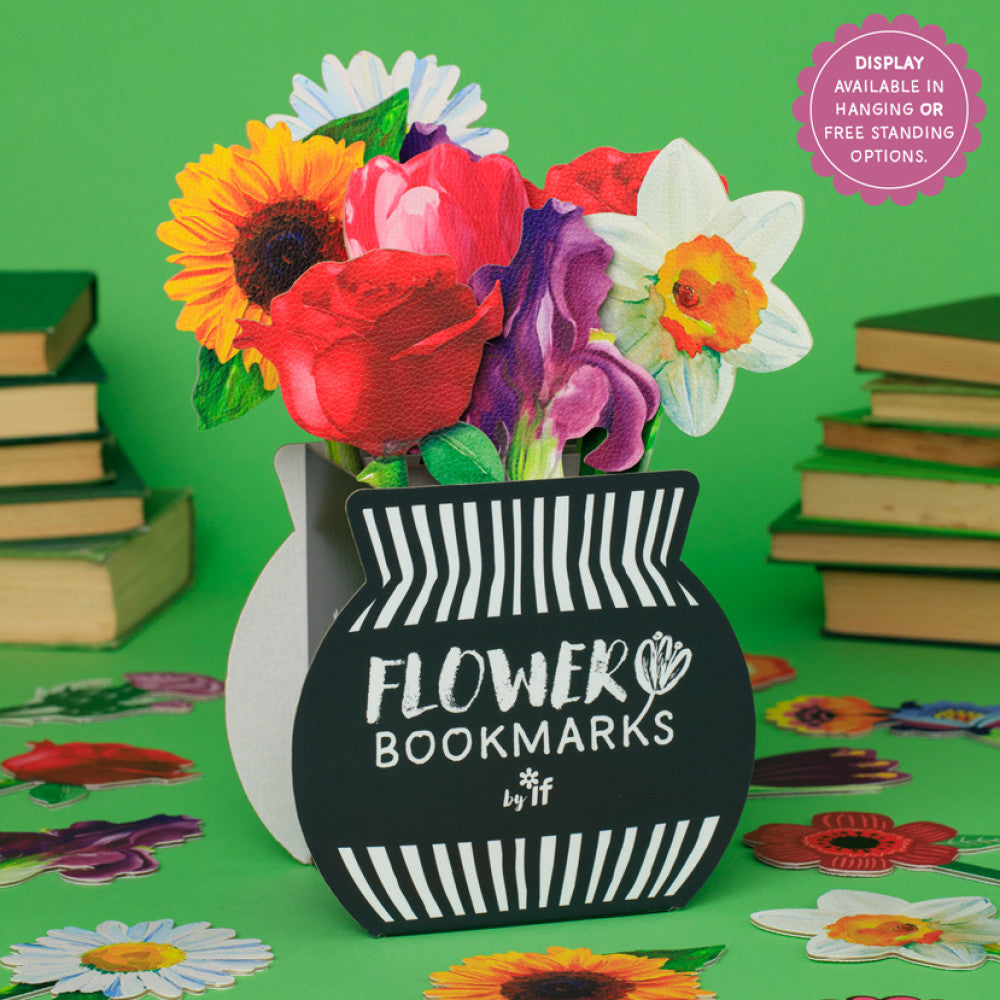 Flower Bookmarks range displayed in vase stand on green background