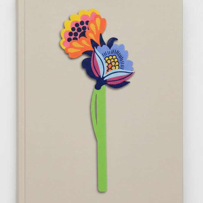Folk art flower bookmark with colourful blooms on beige closed book