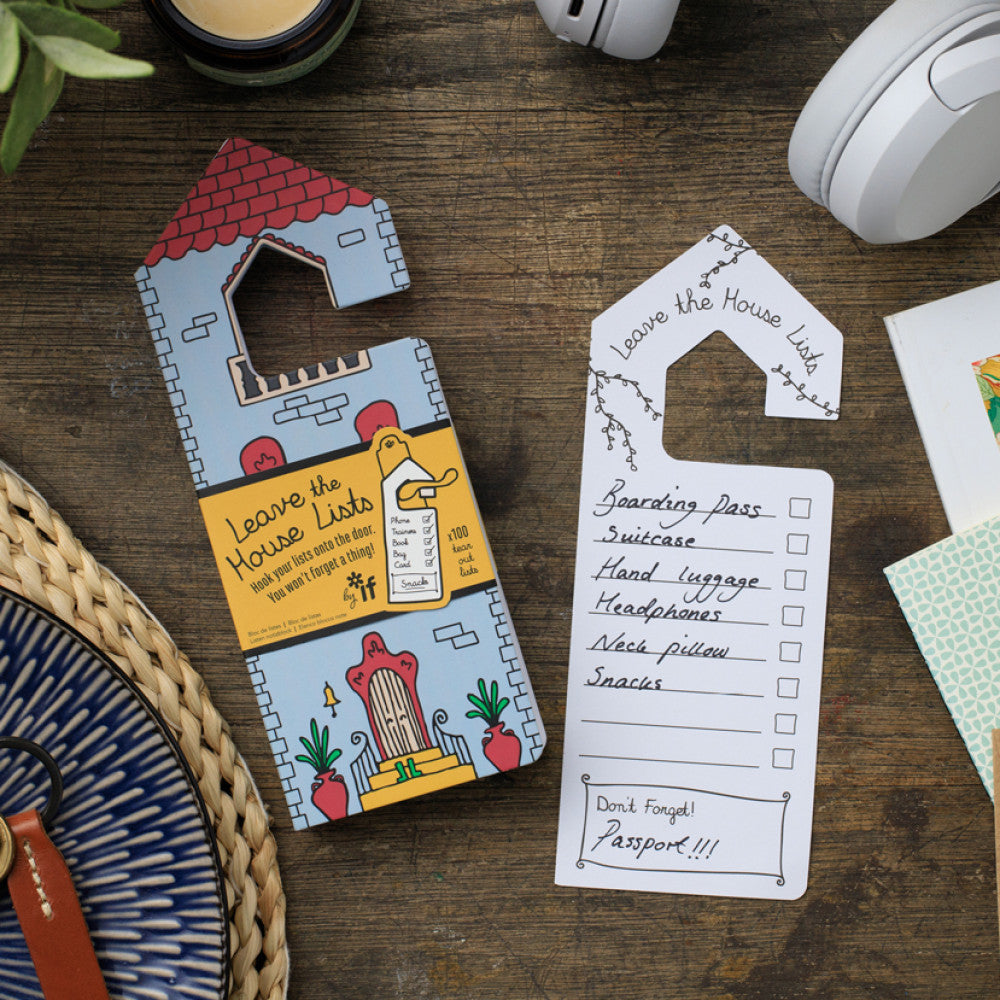 Door hanger notepad front cover and checklist page on wooden desk