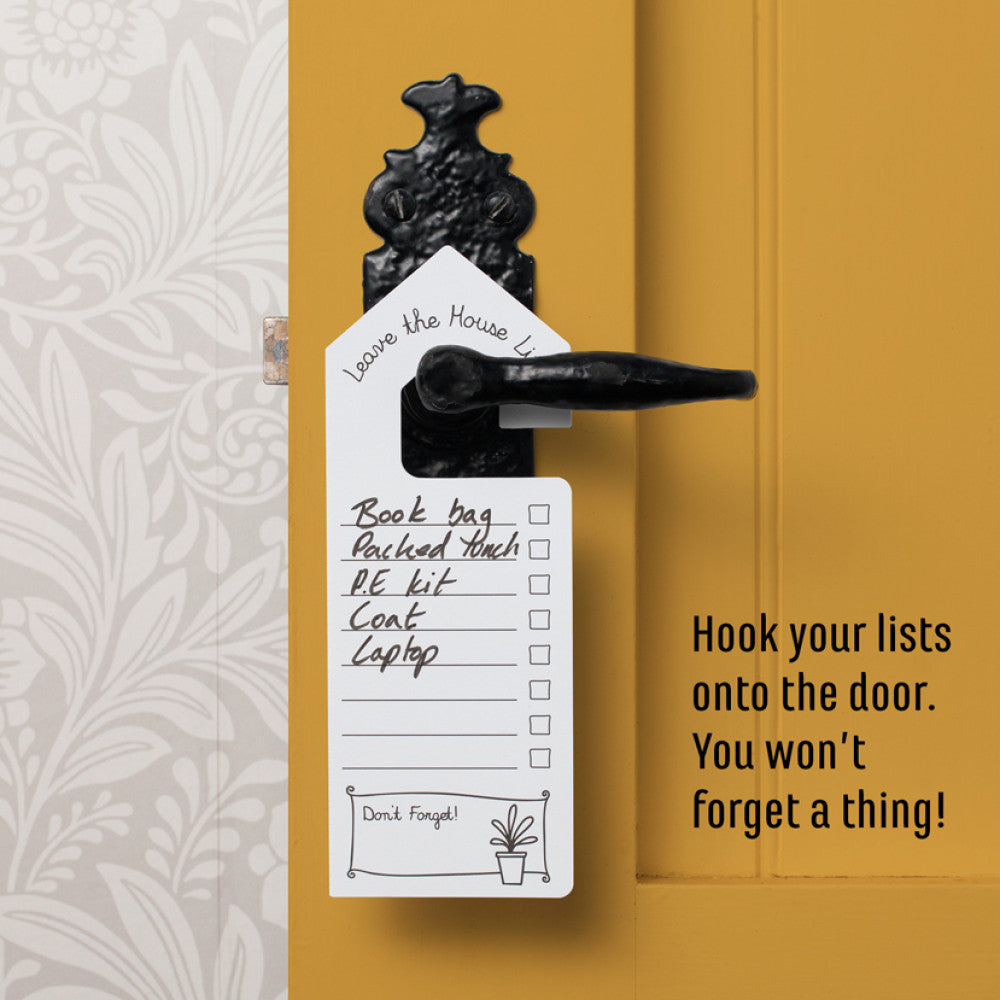 Leave The House Lists notepad hanging on door handle in use