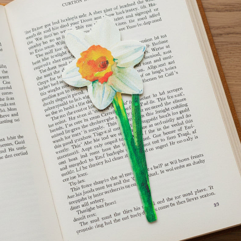 Painted daffodil flower bookmark lying on open book on wooden surface