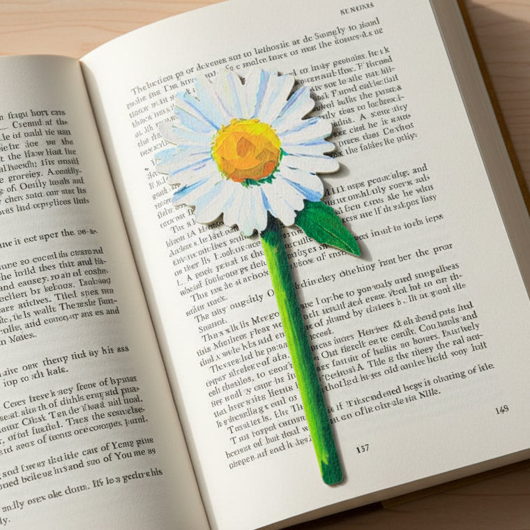 Painted daisy flower bookmark lying on open book on wooden surface
