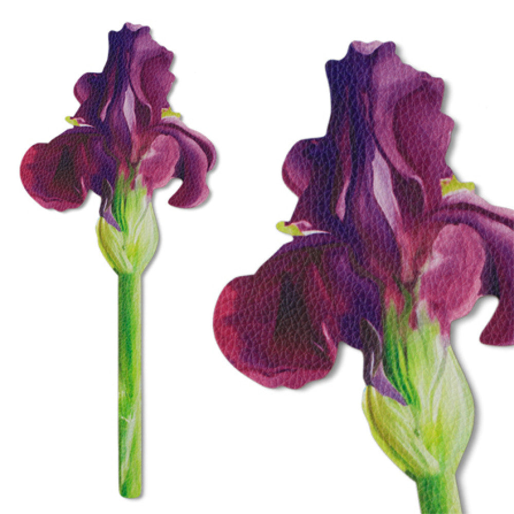 Purple iris bookmark front view and close-up on white background