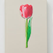 Painted pink tulip bookmark on cream linen textured surface