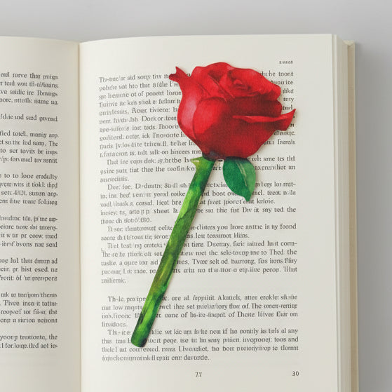 Painted red rose flower bookmark lying on open book page