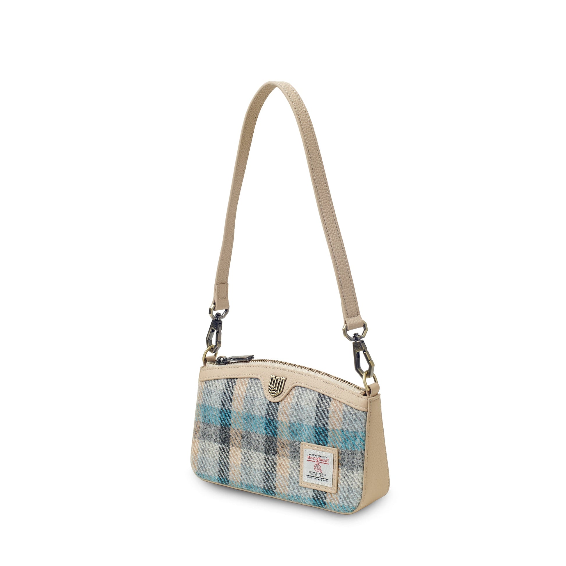 Ailsa Islander tartan Harris Tweed purse back view on white background