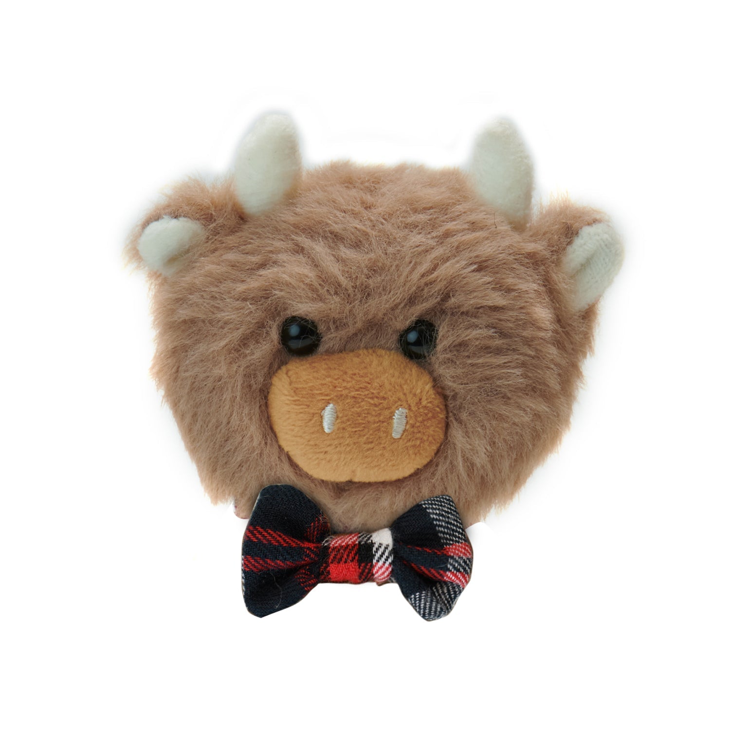 Angus Highland cow magnet front view with tartan bow tie on white background