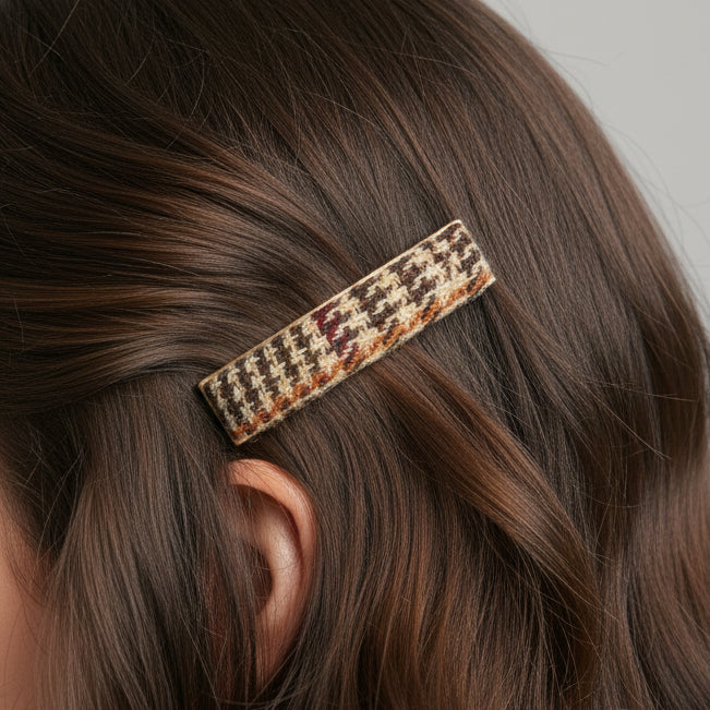 Harris Tweed beige dogtooth barrette hair clip worn in brown hair