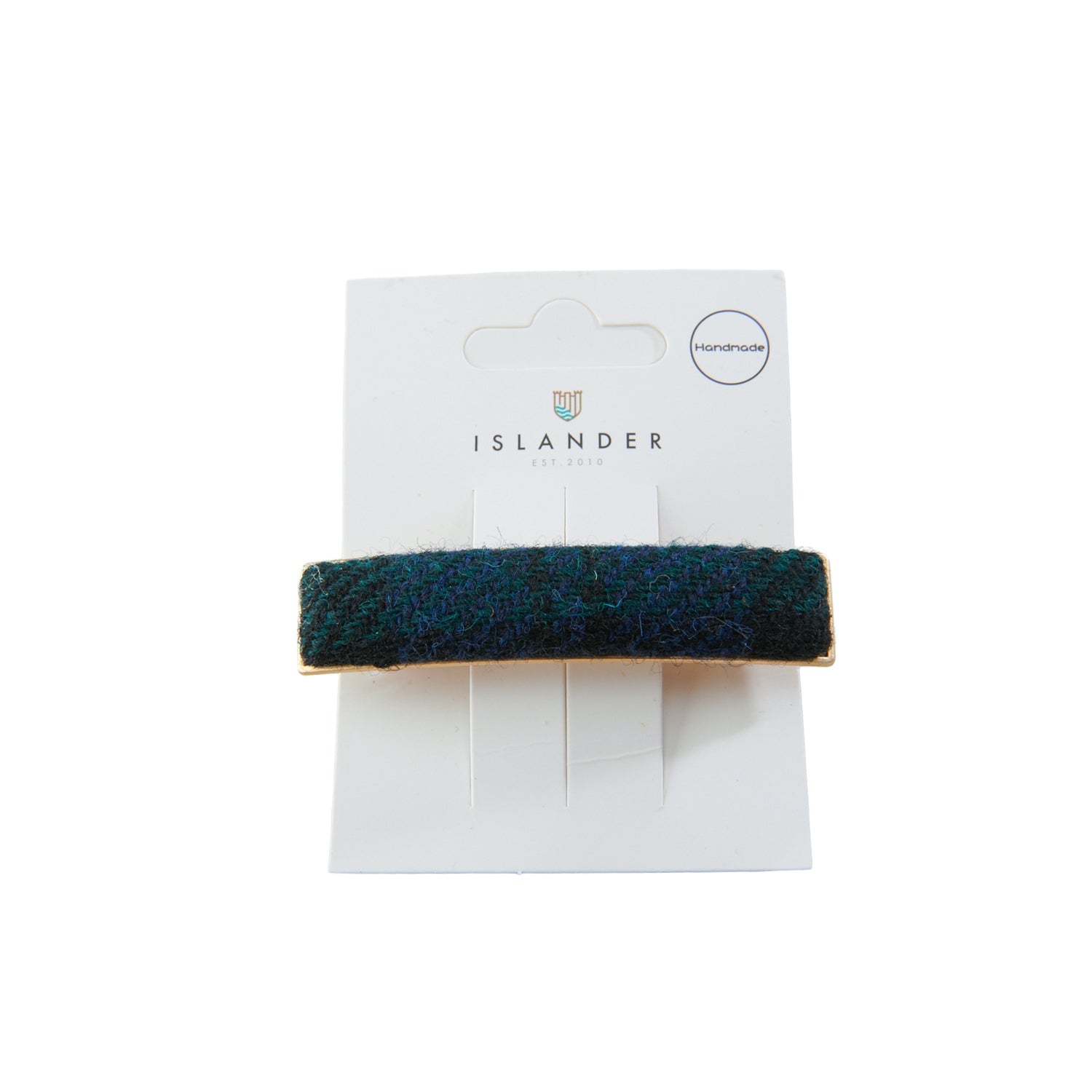 Harris Tweed dark herringbone hair clip on Islander branded packaging
