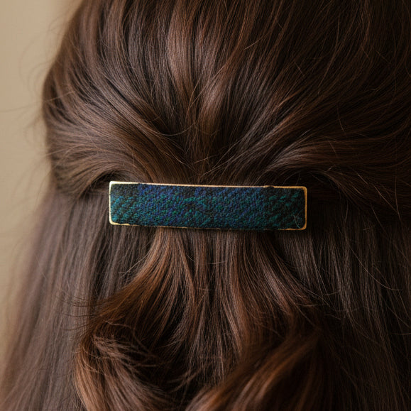 Harris Tweed black herringbone barrette clip worn in brown hair