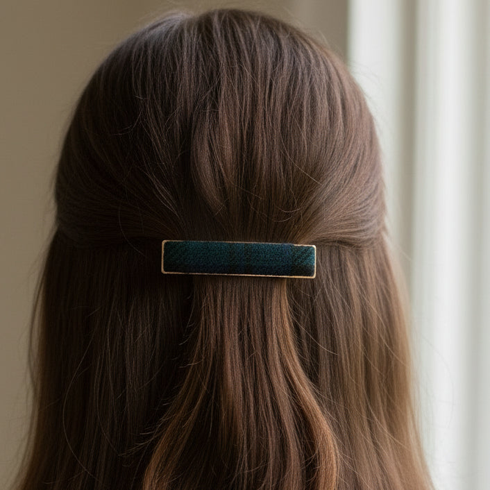 Harris Tweed Black Watch tartan barrette clip worn in brown hair